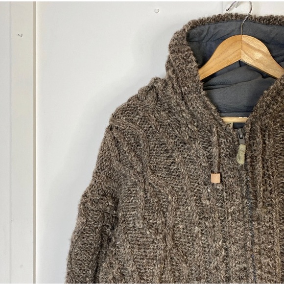 Pachamama Hooded Jumper Zip Heavy Knit 100% Wool Large Brown - Picture 5 of 13